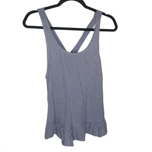 *Miami Blue & White Pinstripe Tank Ruffle Hem Shirt Coastal Cottage Flowy Small